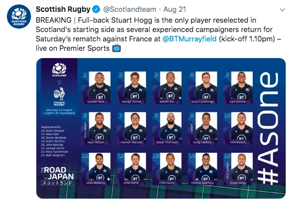 Stuart Hogg is the only player to play in the rematch this Saturday